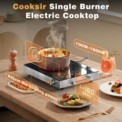 Single Burner Electric Cooktop - 110V Portable One Burner Hot Plate 1800W, Countertop Electric Stove top for Home, Camping, RV, Timer, Child Lock, Steam, BBQ, Stir Fry, 110-120V Plug in