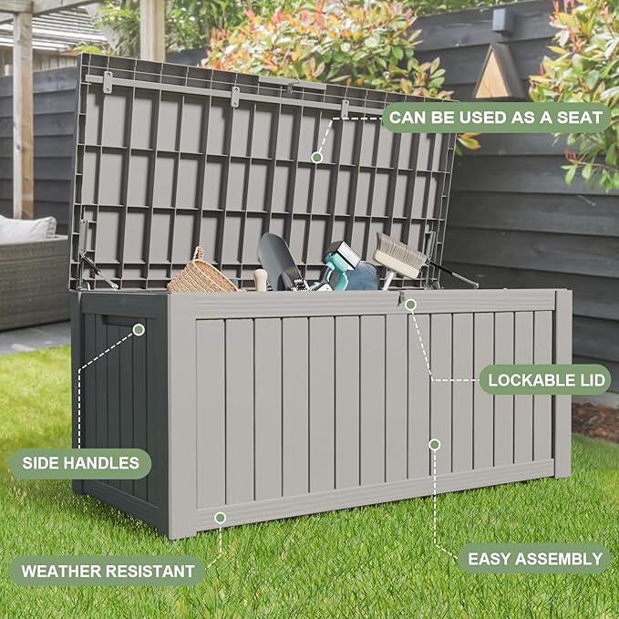 160 Gallon Deck Box, Heavy-Duty Double-Wall Outdoor Storage Box Waterproof for Patio Furniture Cushions & Garden Tools, Lockable Resin Storage Bench with Piston Hinge, Gray