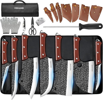 MDHAND Butcher Knife Set, 14PCS Hand Forged Professional Chef Knife Set with Roll Bag, Sharp Meat Cleaver Knife & Bone Chopper Knives & Fillet Knife for Home Kitchen & Camping BBQ, Gifts for Men Women