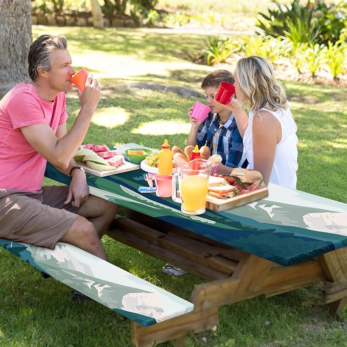 Picnic Table Cover with Bench Covers, Mountain, 3PCS, 72 Inch | 3 Piece full elastic edge camping tablecloth waterproof wipeable RV outdoor patio park essentials with drawstring bag