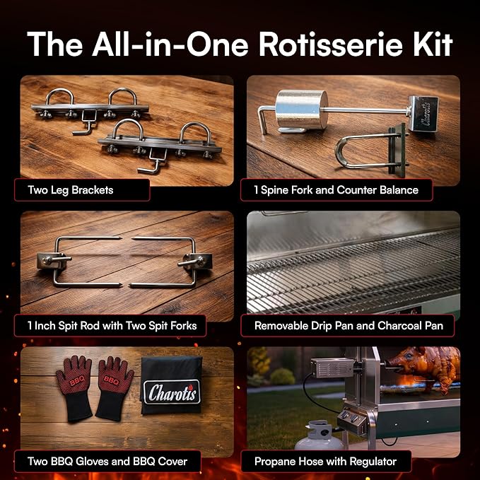 52 Inch Propane Rotisserie Spit Roaster for Whole Pig, Lamb, Goat, Stainless Steel BBQ Grill with Hood, 50W Motor 200 lb Torque, 4 RPM, Thermometer, Grates, Drip Pan & Accessories - SSG1