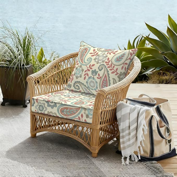 DYTXIII Outdoor Deep Seat Cushion Set, Water Repellent 22"x22" Patio Thick Cushions Replacement with Seat & Back Pillow for Patio Sofa, Wicker Chair, Couch - Paisley Vintage