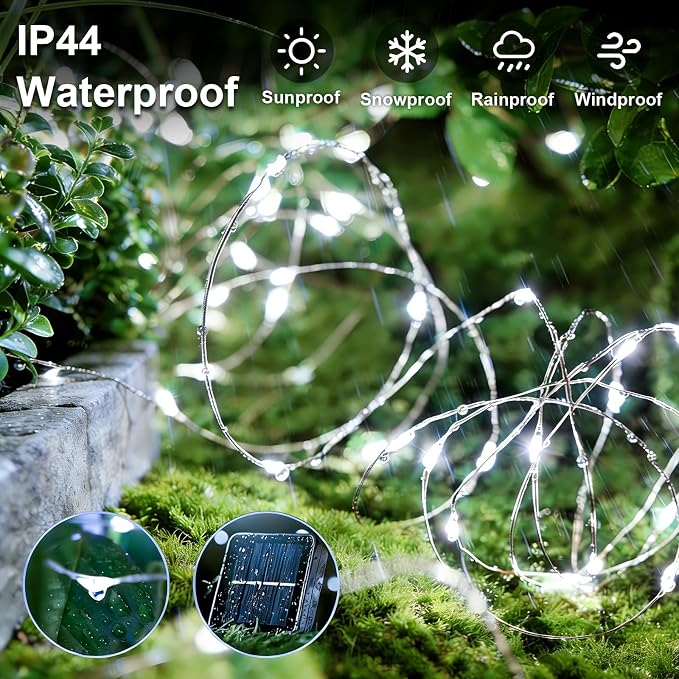 QITONG Solar Fairy Lights Outdoor Waterproof, 2 Pack Each 66ft 200 LED White Christmas String Lights, Silver Wire Twinkle Mini Lights with 8 Modes