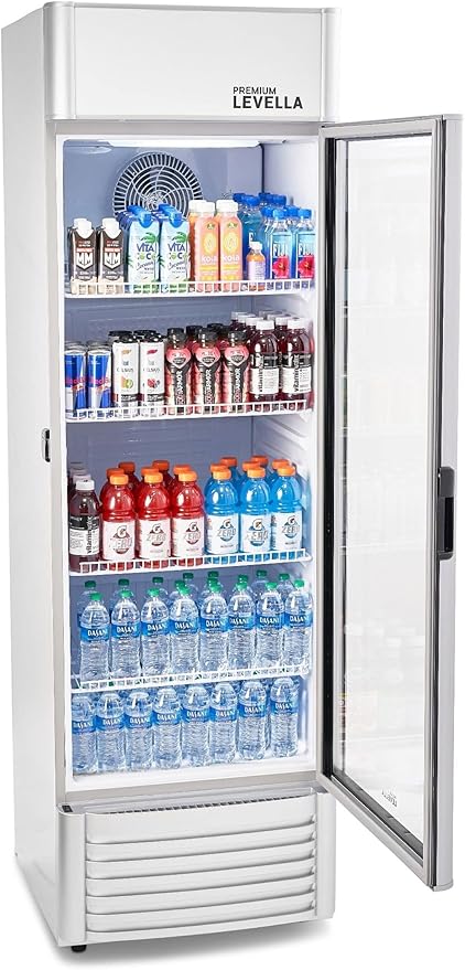 PremiumLevella PRF155DX Glass Door Display Refrigerator 15.5 cu ft Commercial Beverage Cooler Merchandiser With Customizable Lightbox - Silver