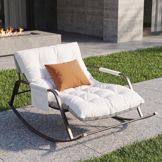 Rocking Papasan Chair, Leather Upholstered Lounge Chair, Beige | Extra-Wide Rocking Chair with Technical Leather Upholstery, Sturdy Frame and Smooth Glide for Indoor / Outdoor Scenes