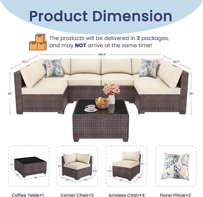 7 Piece Outdoor Patio Furniture Set, Outdoor Sectional Furniture, Rattan & Wicker Modern Modular Conversation Set Sectional Sofa W/Water Resistant Washable Thick Cushions and Coffee Table, Brown/Beige