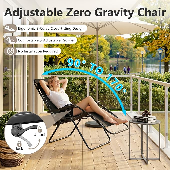 2 Pack Zero Gravity Chair, Adjustable Lounge Chair, Outdoor Recliner, Folding Anti Gravity Lounge Chairs, Lawn Chairs Reclining with Pillow & Cup Holder for Pool Camping Sunbathing Beach Patio (Black)
