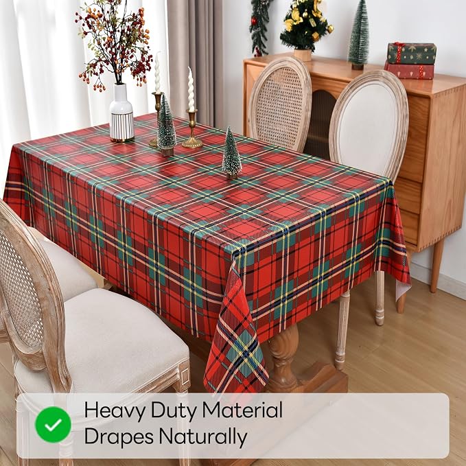 Christmas Tablecloth Heavy Duty Vinyl Red 54x108 inch Square Christmas Table Cloth Reusable Waterproof Foldable Plastic Tablecloths PVC Xmas Table Cover for New Year Party Decor