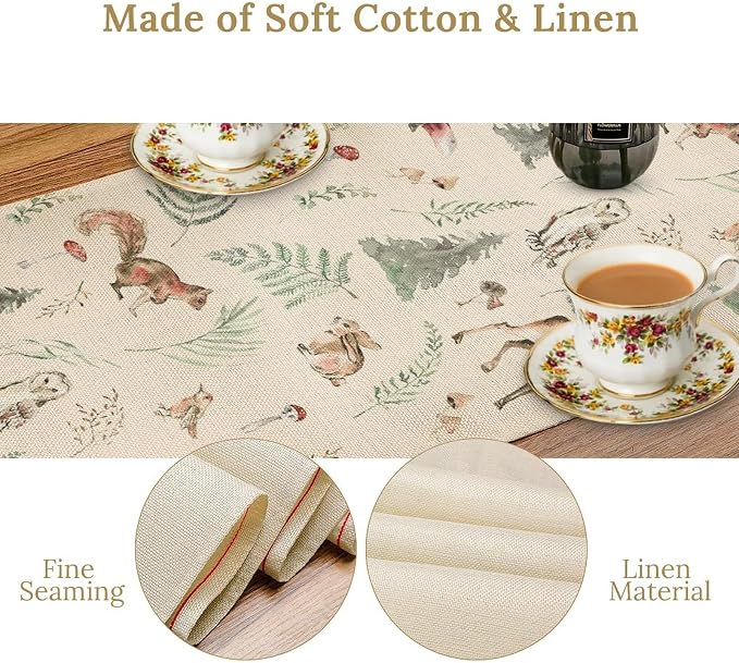 Rustic Woodland Table Runner - Cute Forest Animals, Country Lodge Cabin Style, Wild Animal Bear Deer Fox Wolf Set, 13x70 Inch