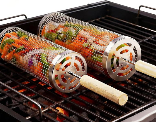 Rolling Grill Basket 2-Pack, Premium 304 Stainless Steel, Removable Wooden Handles, Upgrade Rolling Grill Baskets for Outdoor Grill, BBQ Grill Accessories for Outdoor Grill, Outdoor Gifts for men