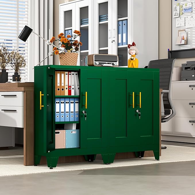 GAIOUS Green Metal Pantry Cabinet (Two Units), Sideboard Buffet Storage Cabient with Doors and 2 Adjustable Shelves, Multifunctional Kitchen Cupboard for Home Office, Accent Furniture, Buffet Table