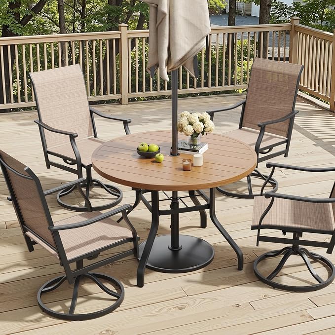 Round Outdoor Dining Table 41" with 1.57" Umbrella Hole | with Umbrella Hole, Wood-like Table Top, Water-resistant, Easy to Clean, Patio table for Backyard, Poolside