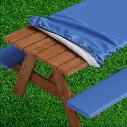 Picnic Table Cover with Bench Covers -Fitted with Elastic, Vinyl with Flannel Back, Fits for Table 30"x 72" Rectangle,Water Proof, Solid Blue Design