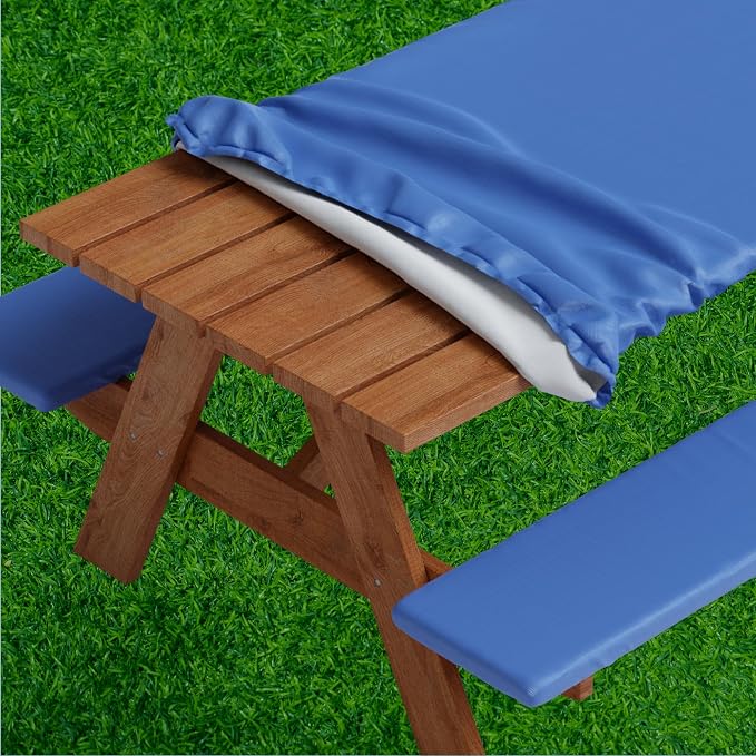 Picnic Table Cover with Bench Covers -Fitted with Elastic, Vinyl with Flannel Back, Fits for Table 30"x 60" Rectangle,Water Proof, Solid Blue Design