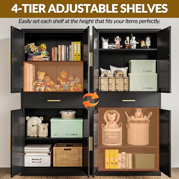 CJF 71" Metal Kitchen Pantry Cabinet with Drawer, Tall Storage Cabinet with 2 Adjustable Shelves and 4 Doors, Heavy Duty Freestanding Floor Cupboard for Home, Kitchen, Dining, Living, Black