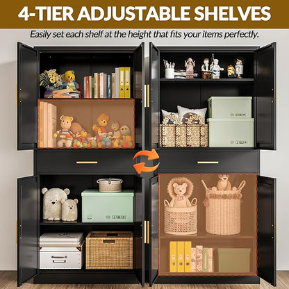 CJF 71" Metal Kitchen Pantry Cabinet with Drawer, Tall Storage Cabinet with 2 Adjustable Shelves and 4 Doors, Heavy Duty Freestanding Floor Cupboard for Home, Kitchen, Dining, Living, Black
