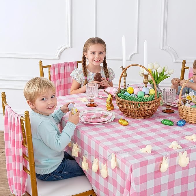 B-COOL Pink Plaid Tablecloth Checkered Fabric Cover 56x120 Inch Table Cloths, Valentines Party Picnic Decorative Gingham Tablecloths, Sturdy Rectangle Pink and White Checkered Cover Decorations
