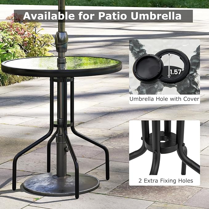 GIANTEX 27.5" Outdoor Bistro Table, Patio Round Dining Table w/Tempered Glass Tabletop & 1.57" Umbrella Hole, Heavy-Duty Metal Frame for Garden Yard Poolside Porch (27.5"x27.5"x28")
