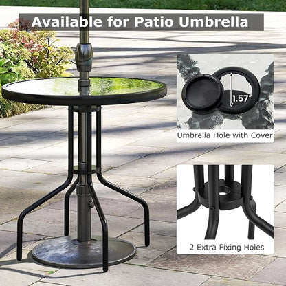 GIANTEX 27.5" Outdoor Bistro Table, Patio Round Dining Table w/Tempered Glass Tabletop & 1.57" Umbrella Hole, Heavy-Duty Metal Frame for Garden Yard Poolside Porch (27.5"x27.5"x28")