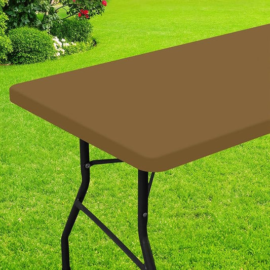 Smiry Rectangle Picnic Table Cloth, Waterproof Elastic Fitted Tablecloths for 8 Foot Tables, Washable Polyester Table Cover for Camping, Indoor and Outdoor (Brown, 30"x96")