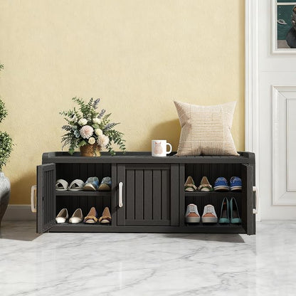 NUNU LAB Resin Shoe Cabinet,Waterproof Shoe Storage Cabinet with Adjustable Shelves,Entryway Storage Bench with Seat,Shoe Bench with Doors for Foyer,Hallway,Living Room (Black, 3-Door)