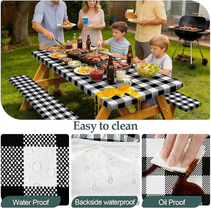 Picnic Table Cover with Bench Covers Camping Essentials Waterproof Windproof Camping Tablecloth with Drawstring Bag, Fitted Rectangle Tables and Seats, 96in, White Black Checkered