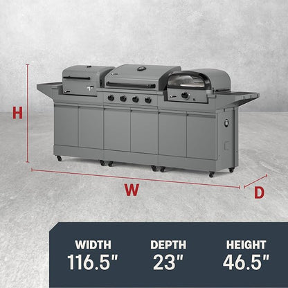 Tytus 4-Burner Gas Grill, Two Prep Carts, Charcoal Grill, and Pizza Oven | Anaheim Modular Outdoor Kitchen, Grill for Outdoor Cooking, Kitchen Island for BBQ, Included Cover, Light, and Pizza Tool Kit