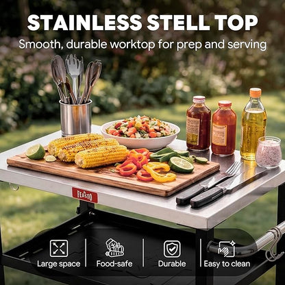 Feasto 3-Tier Outdoor Grill Cart, Rolling Pizza Oven Table with Compact 26.6" x 16.1" Stainless Top for Pizza Ovens & Griddles, Outdoor Bar Cart with S-Hooks for Patio Parties, Deck Dining & Camping