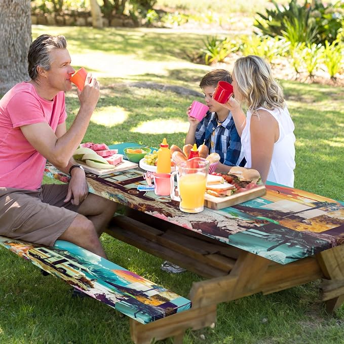 Picnic Table Cover with Bench Covers, Travel, 3 Piece, 72 Inch | With Bench Covers Full Elastic Edge Tablecloth Waterproof Wipeable RV Outdoor Patio Park Essentials With Drawstring Bag