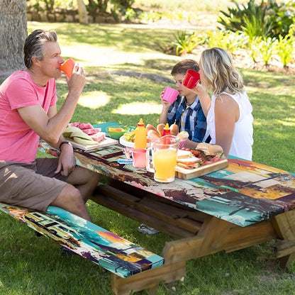Picnic Table Cover with Bench Covers, Travel, 3 Piece, 72 Inch | With Bench Covers Full Elastic Edge Tablecloth Waterproof Wipeable RV Outdoor Patio Park Essentials With Drawstring Bag