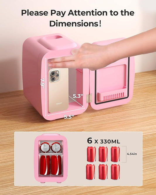 BEICHEN Mini Fridge 4 Liter/6 Can Portable Compact Refrigerator | for Bedroom Office Dorm Car, Fast Cooling, Low Noise, 100-125V AC/5-12V USB, for Skincare, Food, Drinks(Pink)