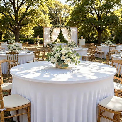 Fitted White Spandex Table Skirts for Wedding Party,60 Inch Round,4 Pack | Spandex Table Covers, For 5 Ft Wedding Cake Tables, Wrinkle Resistant, Ruffle Design Banquets, Baby Showers, Parties