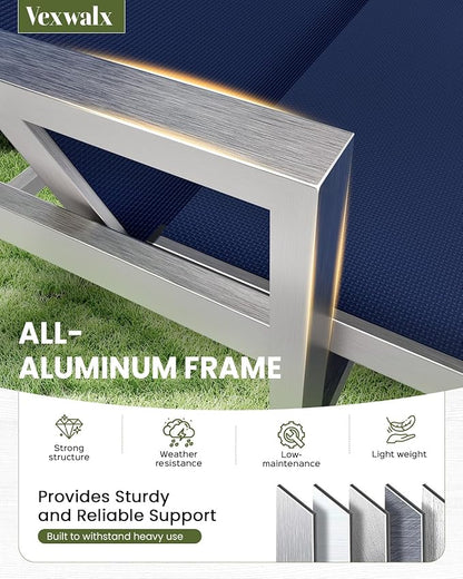 Vexwalx Patio Chaise Lounge Chair Outdoor with Wheels&Armrests, Aluminum Pool Lounge Chairs 5-Position Adjustable Recliner, Outdoor Beach Lounge Chairs for Poolside, Patio, Deck, Yard, Navy Blue