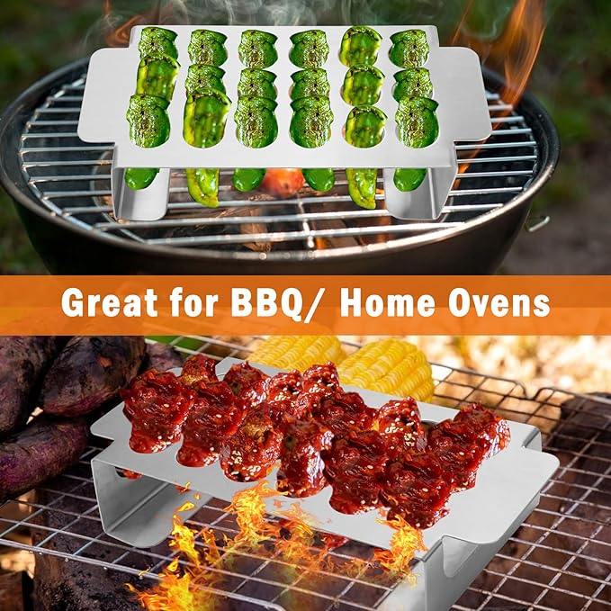 18 Hole Jalapeno Grill Rack for Chili, Stainless Steel Barbecue Chili Peppers Grill Rack with Handle, Jalapeno Popper Stand for BBQ Smoker or Oven (Silver)