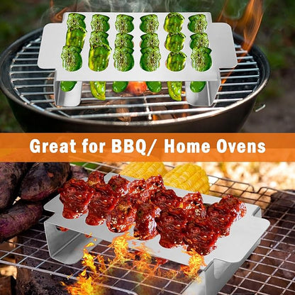 18 Hole Jalapeno Grill Rack for Chili, Stainless Steel Barbecue Chili Peppers Grill Rack with Handle, Jalapeno Popper Stand for BBQ Smoker or Oven (Silver)