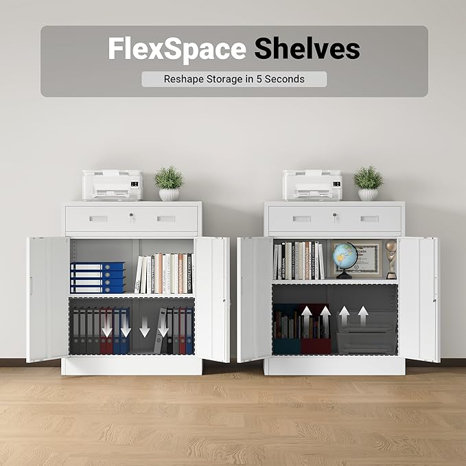 CJF Pantry Cabinet with 1 Drawer, Metal Pantry Storage Cabinets with Doors and 2 Adjustable Shelves, 36" H Locking Cabinet for Kitchen Storage, Home, Garage, Utility Room and Basement, White