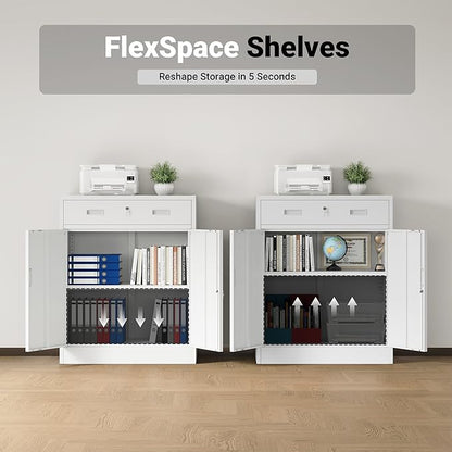 CJF Pantry Cabinet with 1 Drawer, Metal Pantry Storage Cabinets with Doors and 2 Adjustable Shelves, 36" H Locking Cabinet for Kitchen Storage, Home, Garage, Utility Room and Basement, White