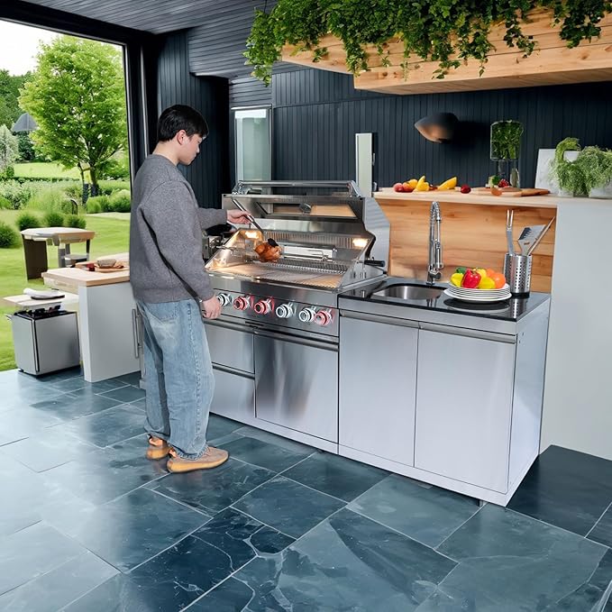 96 Inches 6-Burner 72,000 BTU Deluxe Stainless Steel Propane Gas Grill Outdoor Kitchen Island,Sink,Storage Cabinet and Beverage Refrigerator Storage&Drawers for Patio Backyard,Silver