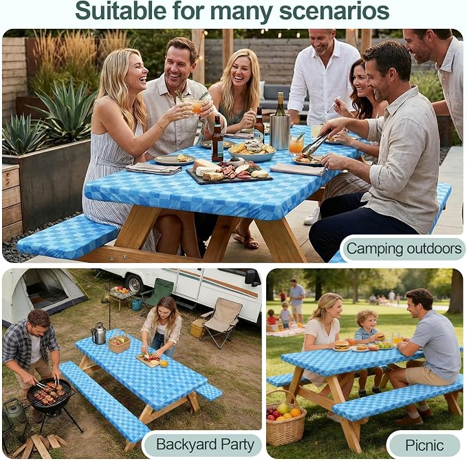 Picnic Table Cover with Bench Covers Camping Essentials Waterproof Windproof Camping Tablecloth with Drawstring Bag, Fitted Rectangle Tables and Seats, 72in, Blue | Waterproof Vinyl for Outdoor, Windproof Elastic Fitted Edges, RV BBQ Accessories Must H...