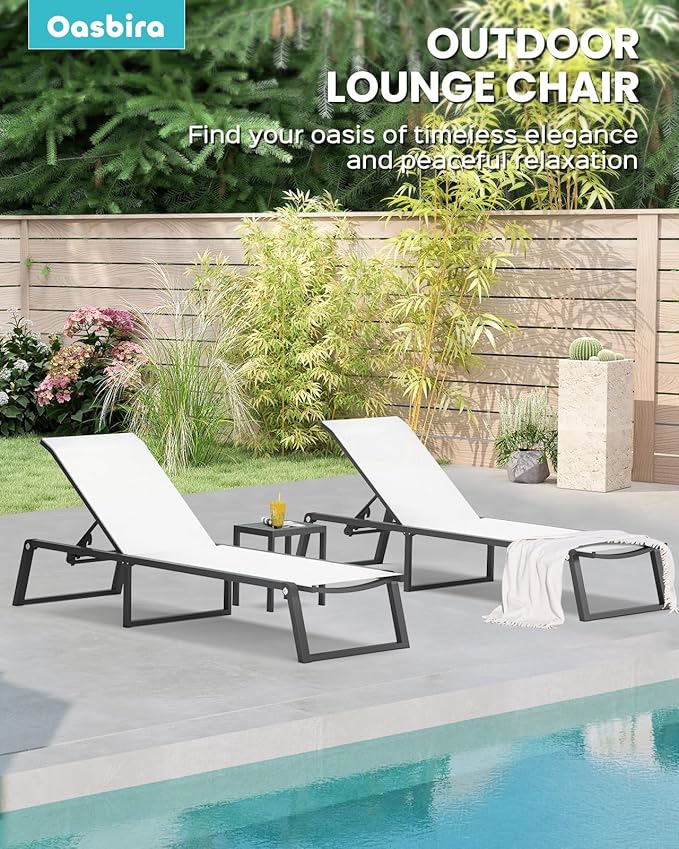 Aluminum Chaise Lounge Chair Outdoor, Foldable& No Assembly Patio Pool Lounge Chairs 5-Position Recliner for Outside, Fully Grounded Legs Sun Lounger for Poolside, Bright White, 2 Pack