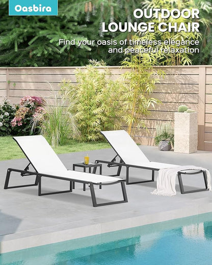 Aluminum Chaise Lounge Chair Outdoor, Foldable& No Assembly Patio Pool Lounge Chairs 5-Position Recliner for Outside, Fully Grounded Legs Sun Lounger for Poolside, Bright White, 2 Pack