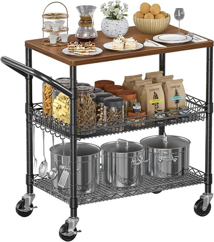NTE Rolling Kitchen Carts on Wheels, 650Lbs Capacity 3 Tier Utility Cart with Wood Tabletop, Kitchen Storage Cart with 8 Hooks, Metal Serving Cart with Handle and Shelf Liners for Kitchen, Black