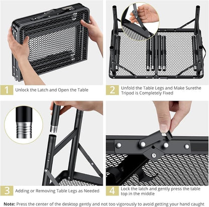 Anbte 2ft Folding Grill Table Max 29.5", 3 Adjustable Height Lightweight Camping Table with Heat-Resistant Mesh Tabletop Portable Handle, Waterproof, for Cooking BBQ Outdoor, 22.8" X 16", Black