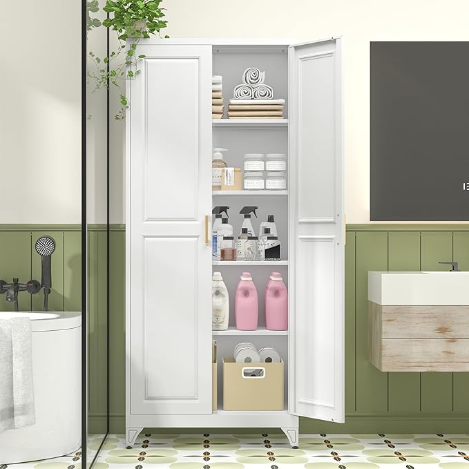 Polup Kitchen Pantry Cabinet, 75" H Metal Storage Cabinet with Doors and Shelves, 4 Standing Feet, Cupboard for Kitchen, Dining, Living Room, 16" D x 32" W x 75" H, White, Assembly Required