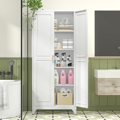 Polup Kitchen Pantry Cabinet, 75" H Metal Storage Cabinet with Doors and Shelves, 4 Standing Feet, Cupboard for Kitchen, Dining, Living Room, 16" D x 32" W x 75" H, White, Assembly Required