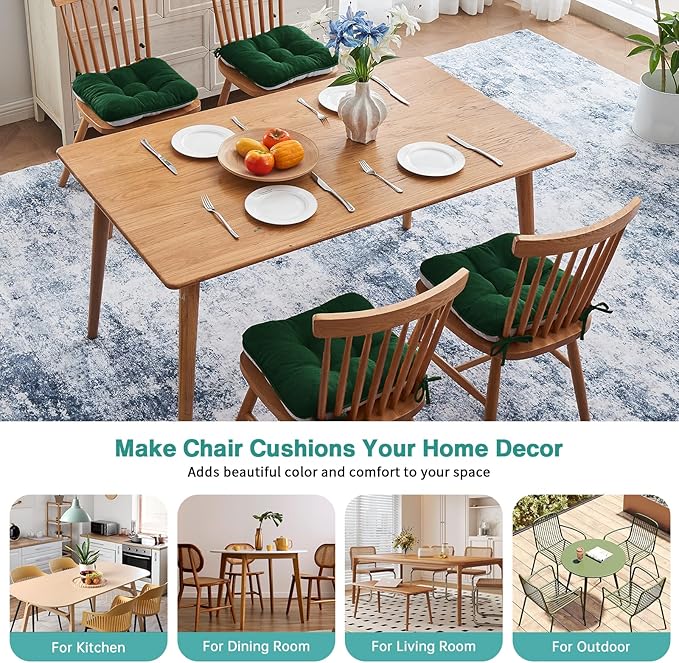 BETU Chair Cushions for Dining Chairs Set of 4,3.5" Thick Kitchen Table Chair Pads with Ties,Non Slip Backing and Covers, Seat Cushion for Dining Room,Bar,Patio Chairs,15.5"X15.5"X3.5",Dark Green