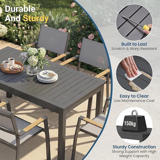 Wisteria Lane 9 Piece Aluminum Outdoor Dining Sets with 3-Adjustable Length Dining Table, 92" L×33.5" W Expandable Patio Table and Chairs Set for 8, Stackable Chairs with Quick Drying Fabric, Grey