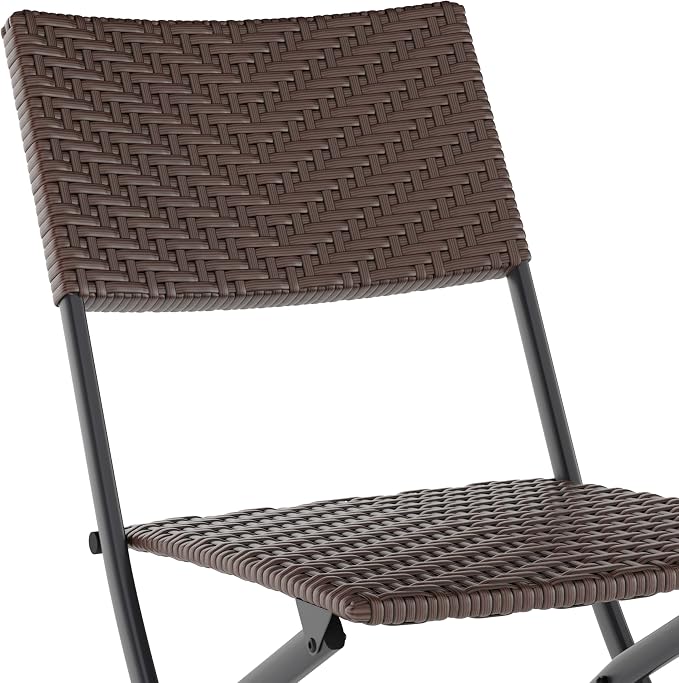 Flash Furniture Rouen Commercial Grade Folding Bistro Set, Indoor/Outdoor PE Rattan Table Top, Back and Seat, Black Steel Frames, 3 Piece Set, Brown/Black
