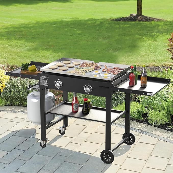 SKOK Foldable Gas Griddle-28 Inch Outdoor Propane Griddle, Portable Flat Top Gas Grill -30000 BTU Propane Fuelled, 2 Burners Table Top Griddle Station with Side Shelves