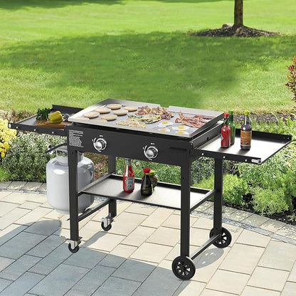 SKOK Foldable Gas Griddle-28 Inch Outdoor Propane Griddle, Portable Flat Top Gas Grill -30000 BTU Propane Fuelled, 2 Burners Table Top Griddle Station with Side Shelves
